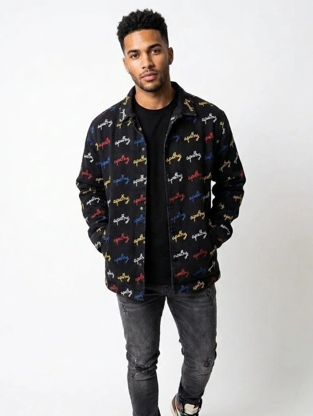 Apathy Streetwear Script All-Over Print Black Denim Shirt Jacket - Small